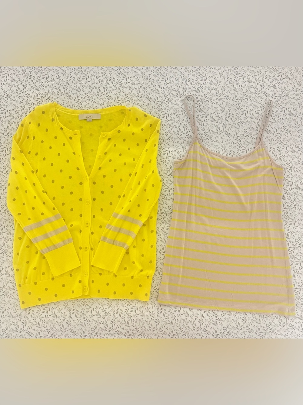 LOFT Yellow Polka Dot Cardigan(m) with Beige and Yellow Striped Tank (s)
